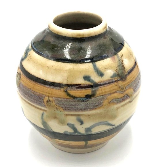 Original Studio Art Pottery Vessel Vase Pot Brown with Drip Glaze and Stripes - Picture 1 of 7